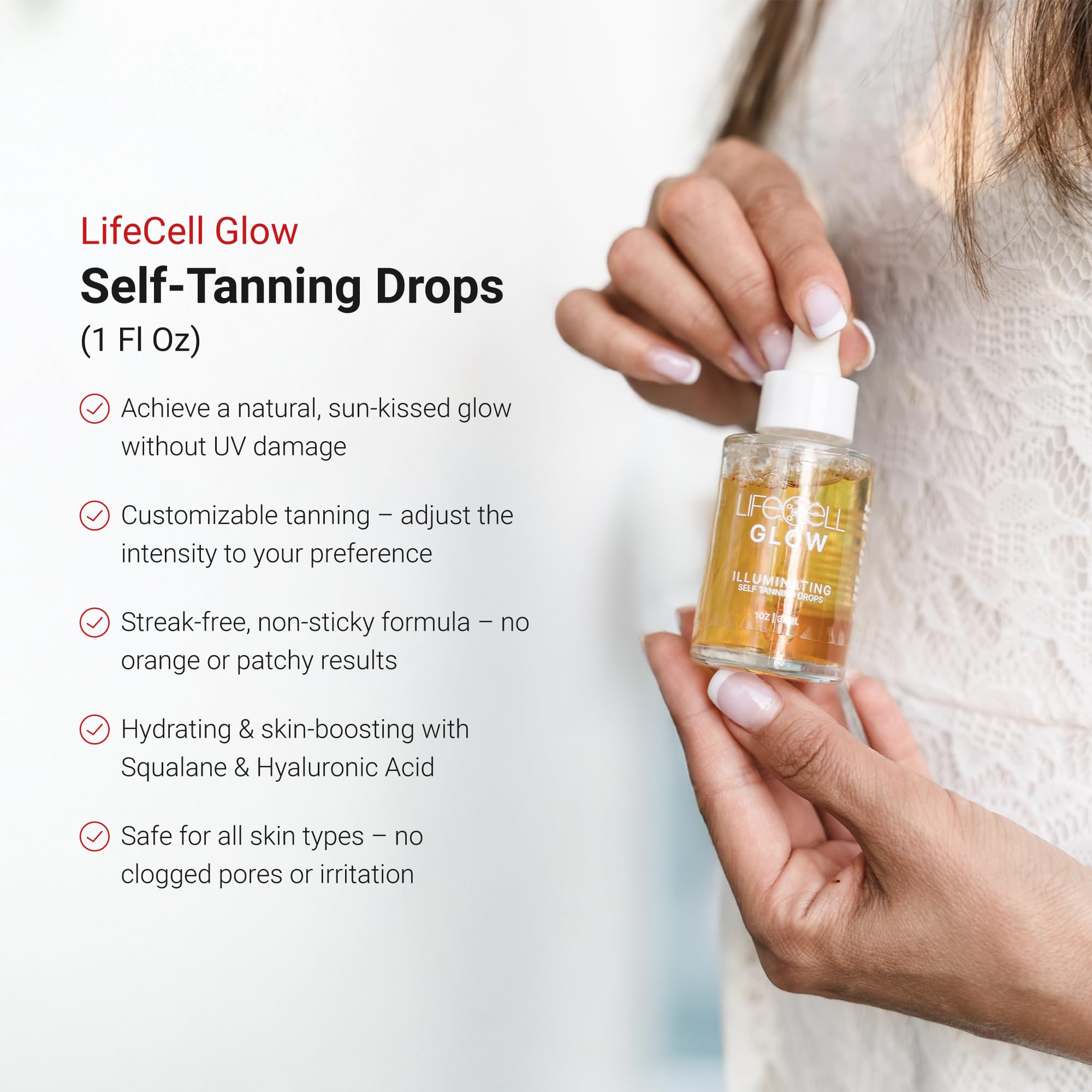 LifeCell Glow self-tanning drops packaging with ingredient highlights