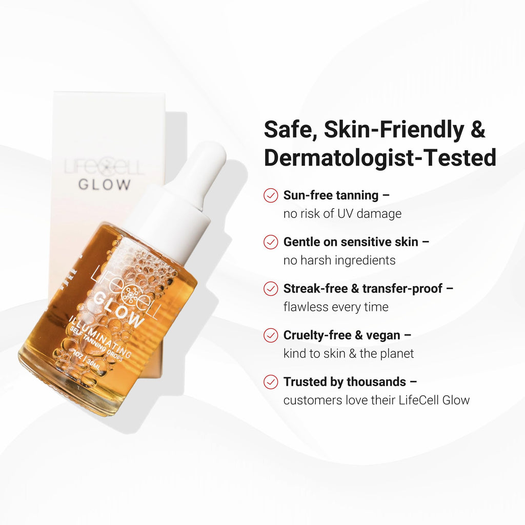 Lifecell Glow self tanning drops packaging angle view