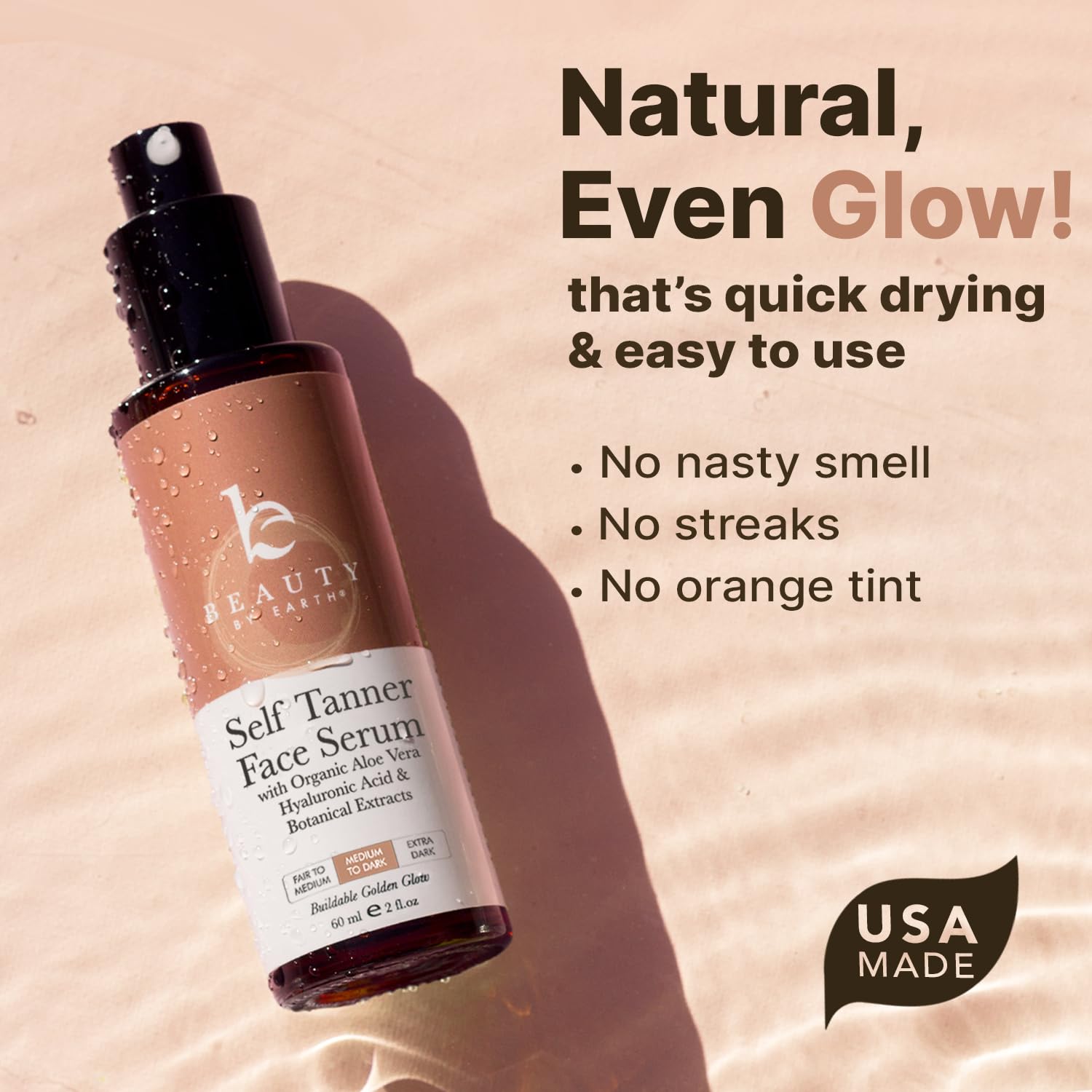 Side profile of Beauty by Earth bronzing face serum bottle