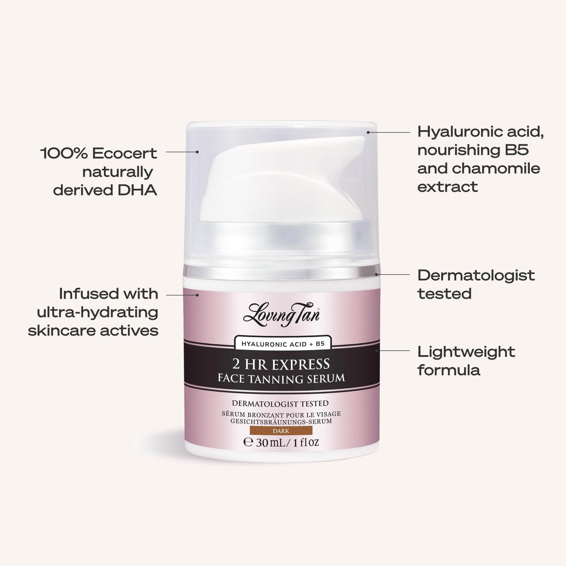Side view of Loving Tan 2 Hour Express Face Tanning Serum bottle