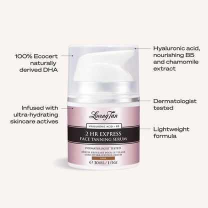 Side view of Loving Tan 2 Hour Express Face Tanning Serum bottle