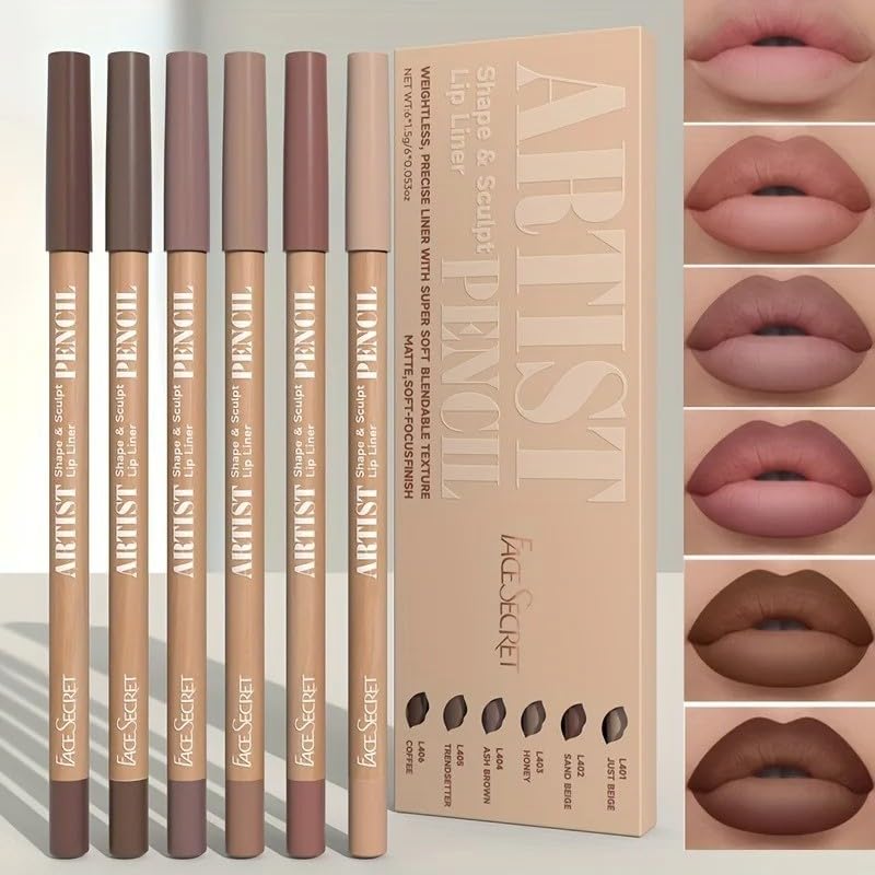 Six shades of Beauty Glazed waterproof lip liners swatched on skin displaying nude brown tones