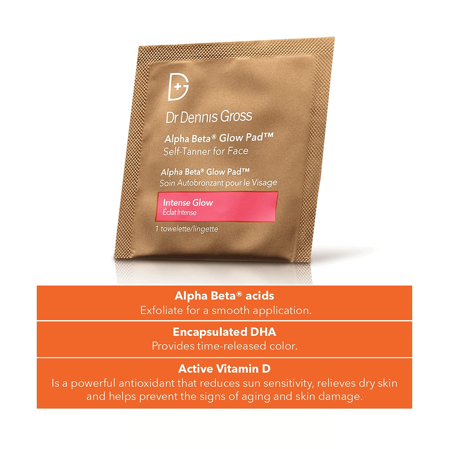 Close up of Dr. Dennis Gross skincare self-tan towelette
