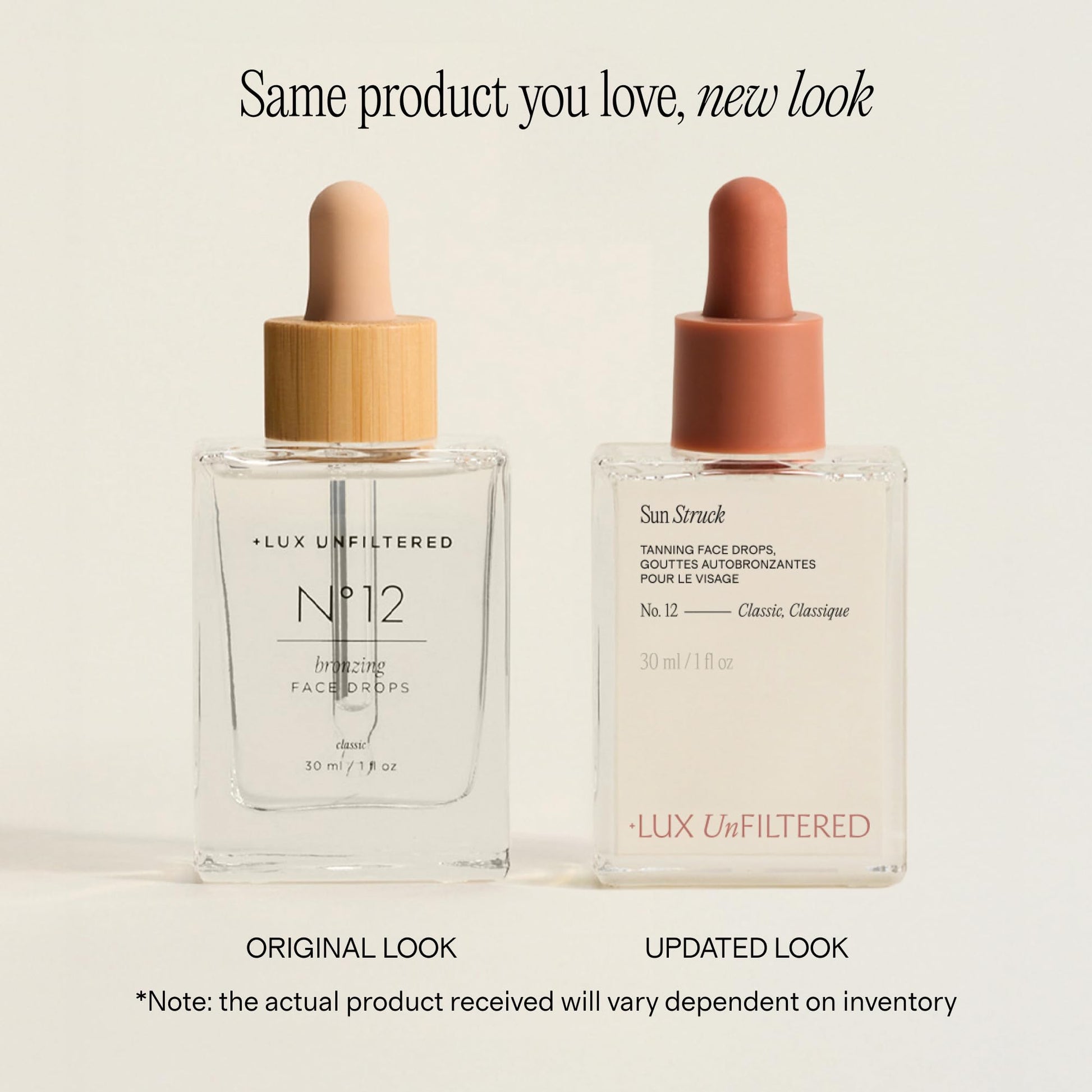 Lux Unfiltered tanning drops bottle next to product packaging