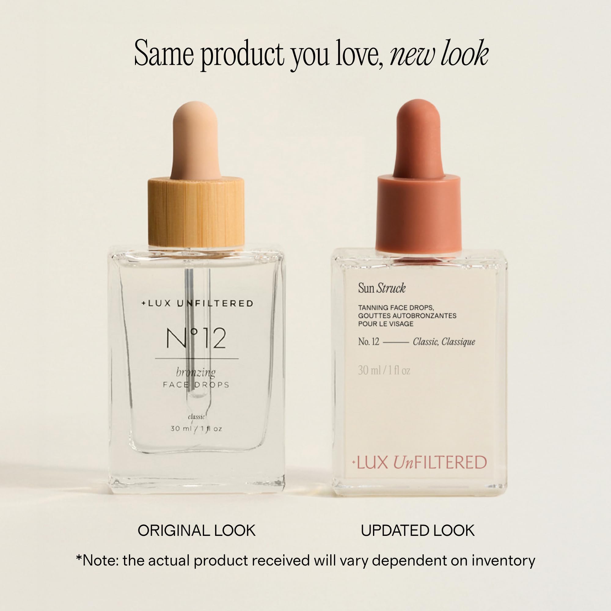 Lux Unfiltered tanning drops bottle next to product packaging