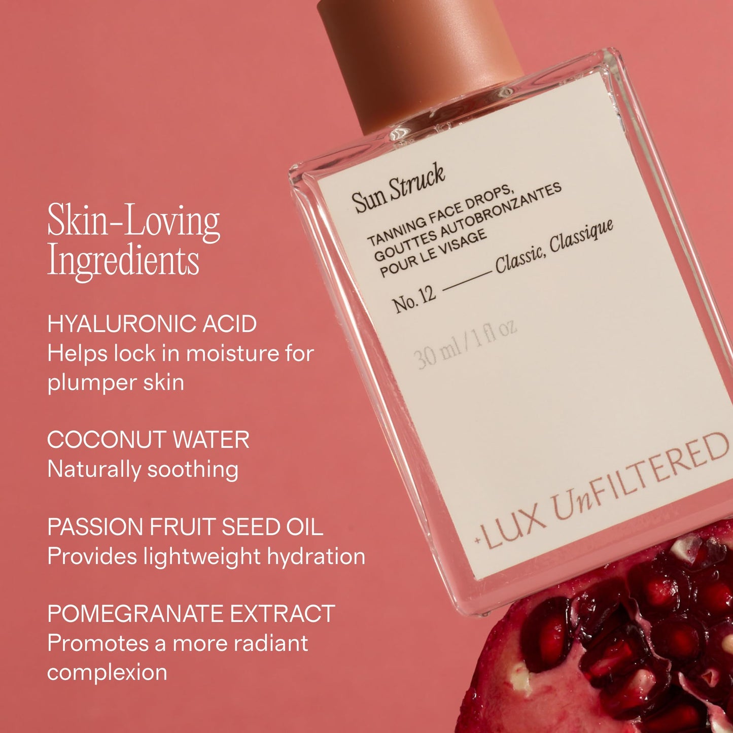 Lux Unfiltered face tanning drops label detail