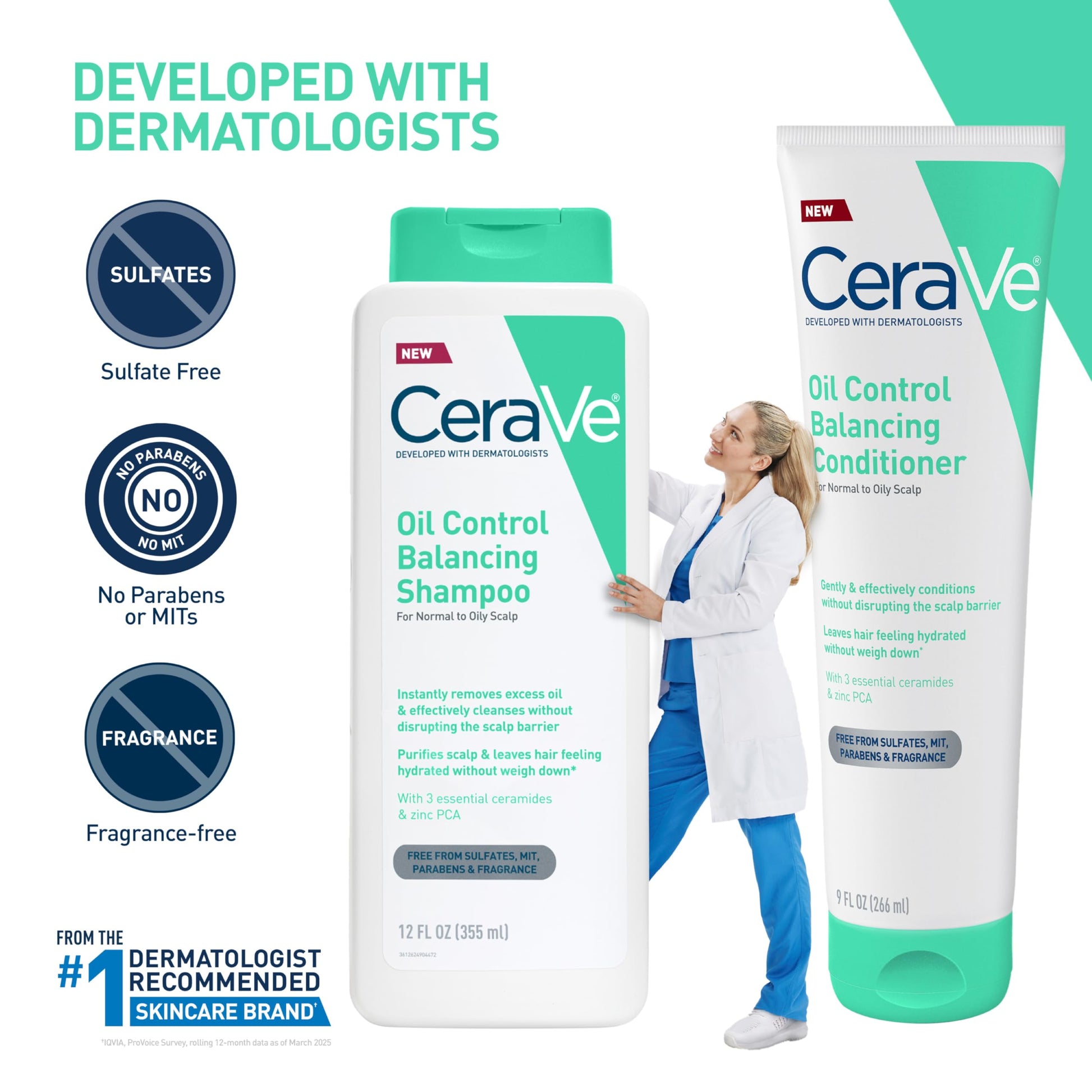 Close up view of the 12 ounce CeraVe balancing shampoo bottle showing texture and design details