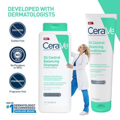 Close up view of the 12 ounce CeraVe balancing shampoo bottle showing texture and design details