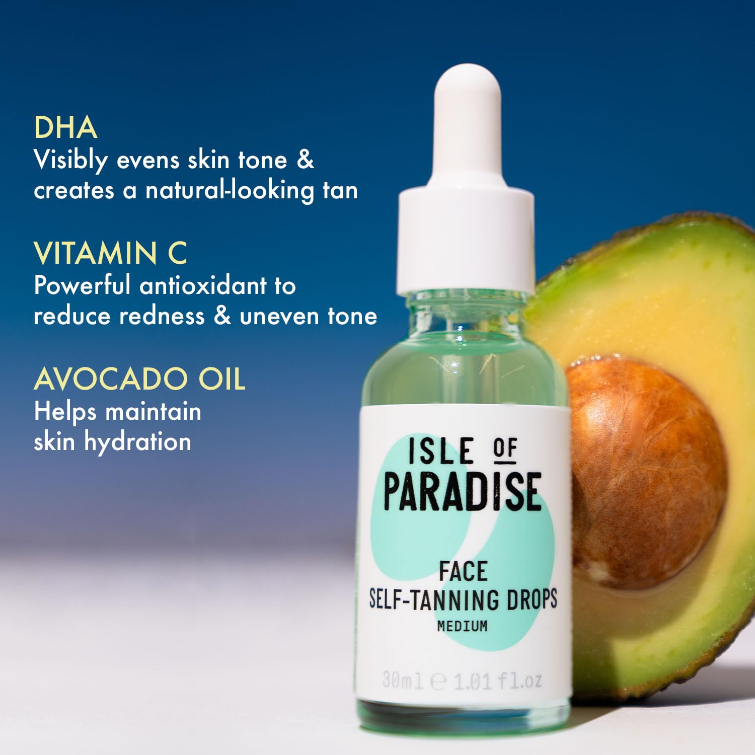 Close up of Isle of Paradise tanning drops dropper bottle