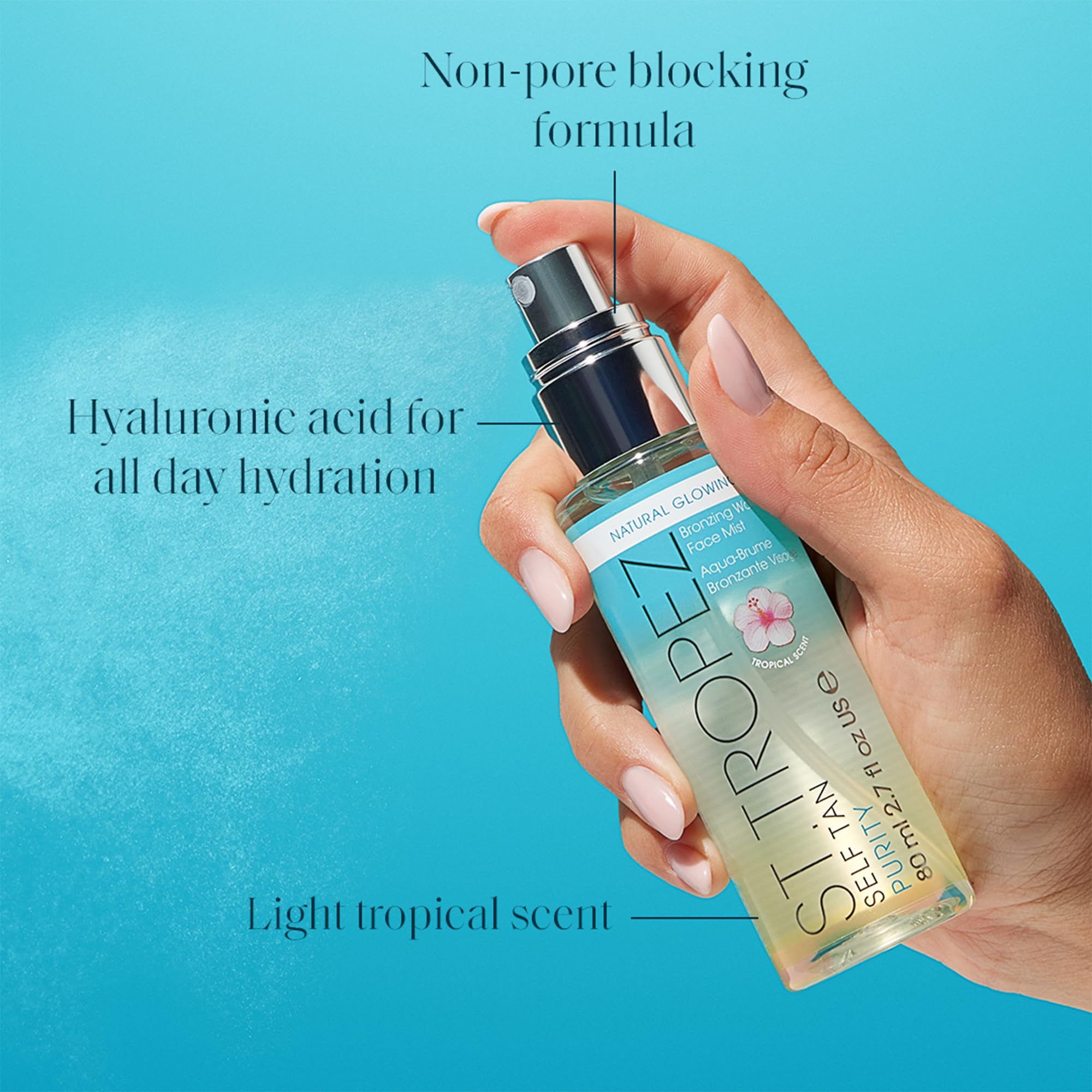 St. Tropez bronzing water mist ingredients and benefits display