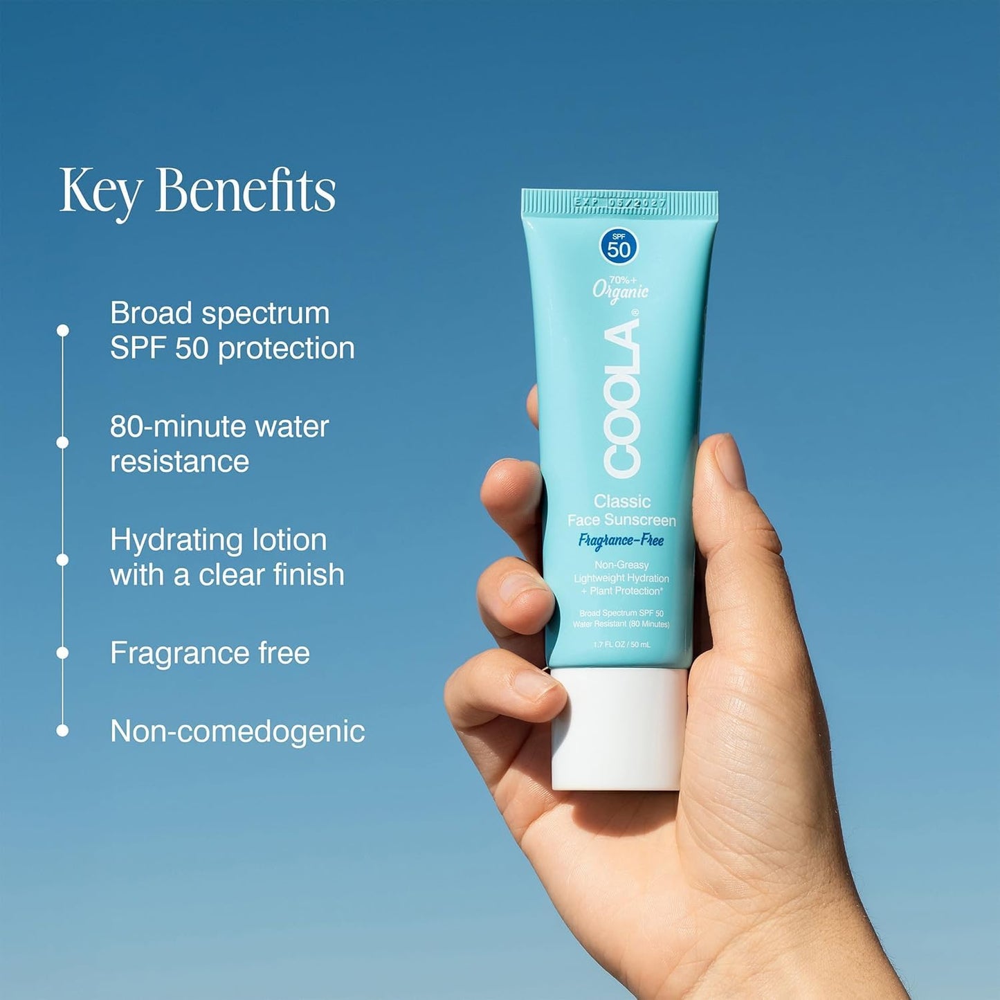 Back side of Coola organic sunscreen showing ingredients and usage