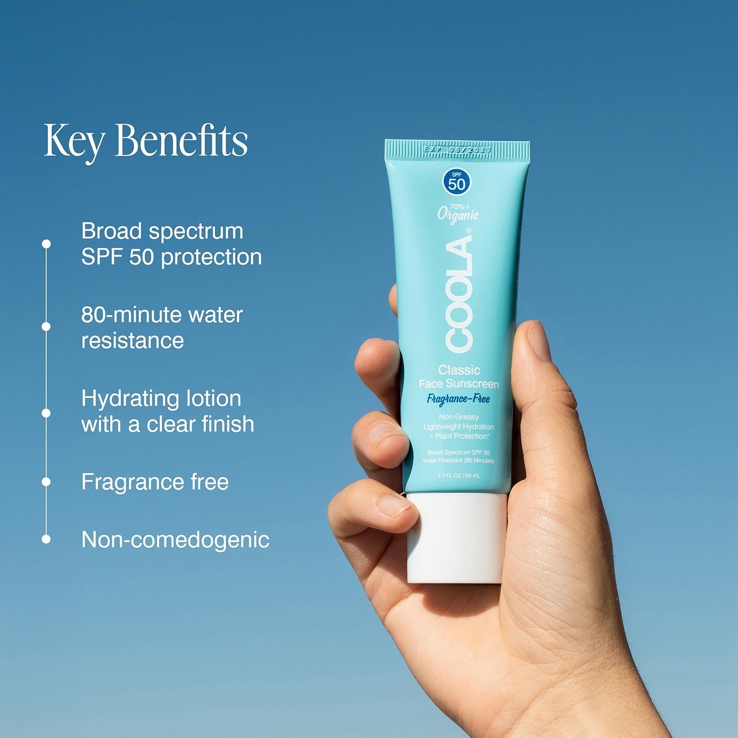 Back side of Coola organic sunscreen showing ingredients and usage