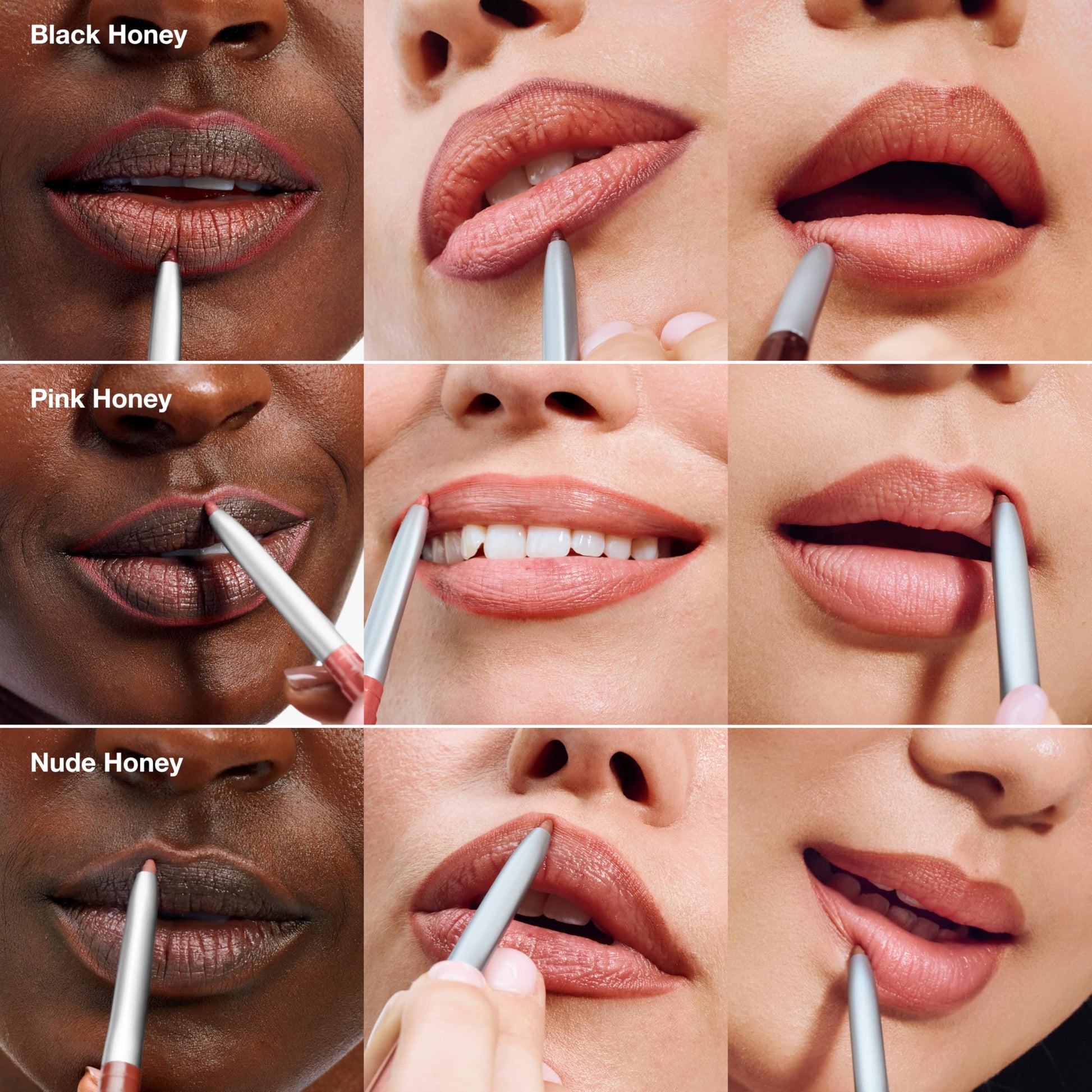 Swatches of the Clinique non drying lip liner in popular Honey shades on different skin tones
