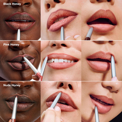 Swatches of the Clinique non drying lip liner in popular Honey shades on different skin tones