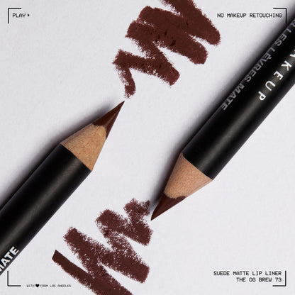 USA imported NYX Suede Matte Lip Liner pencil showing the brown shade cap and body packaging.