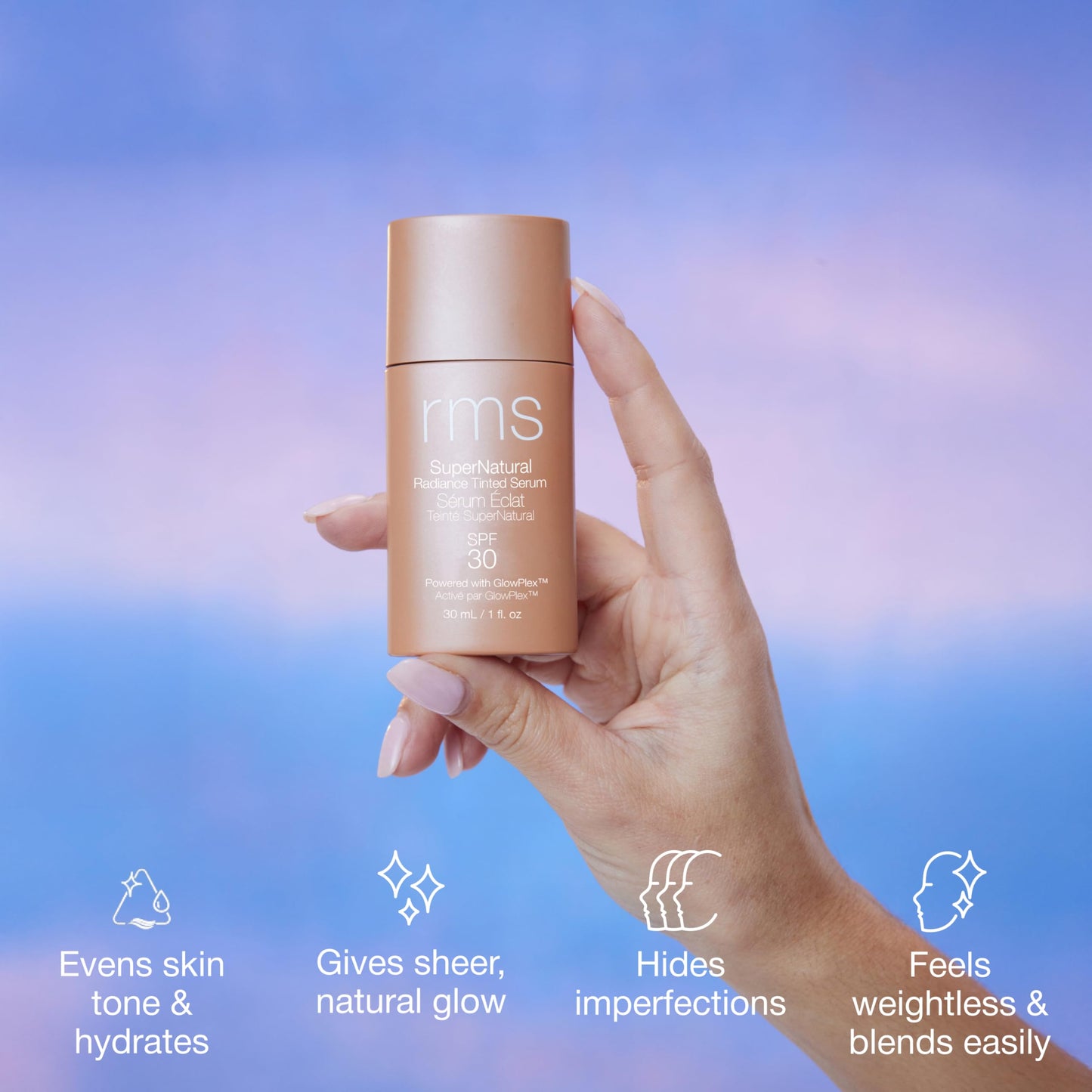 RMS Beauty SPF 30 serum bottle with cap removed