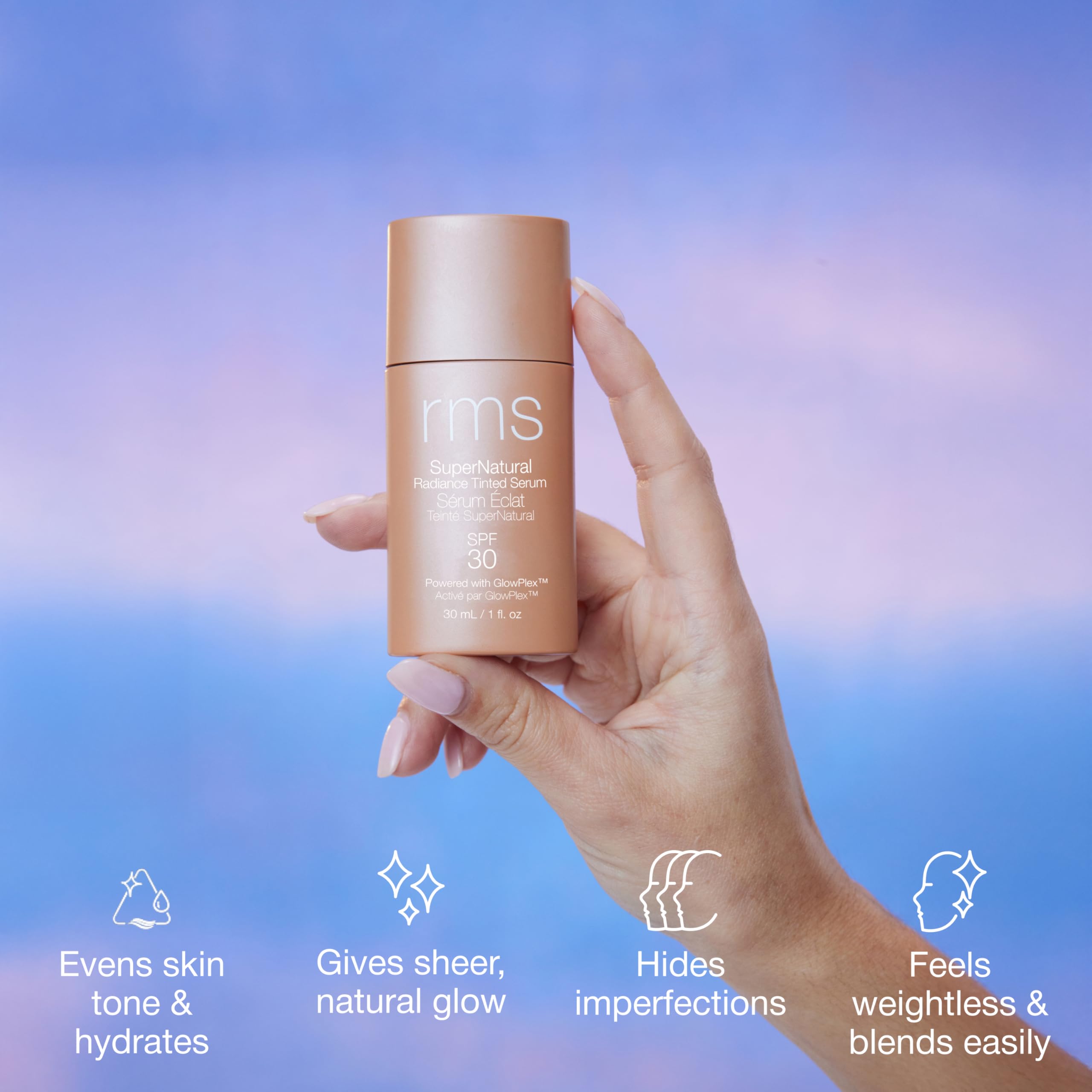 RMS Beauty SPF 30 serum bottle with cap removed