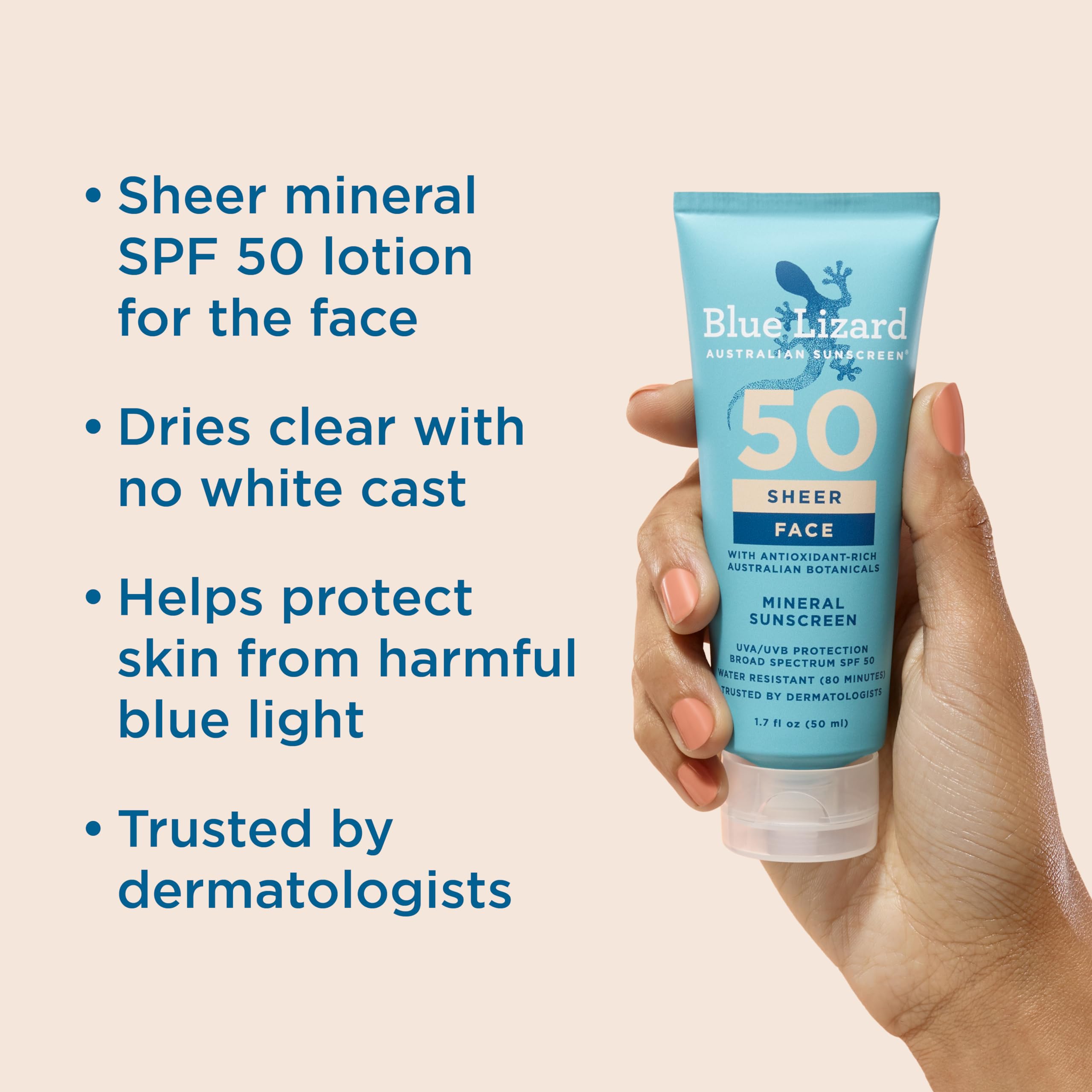 Blue Lizard Sheer Face Mineral SPF 50 Sunscreen packaging details