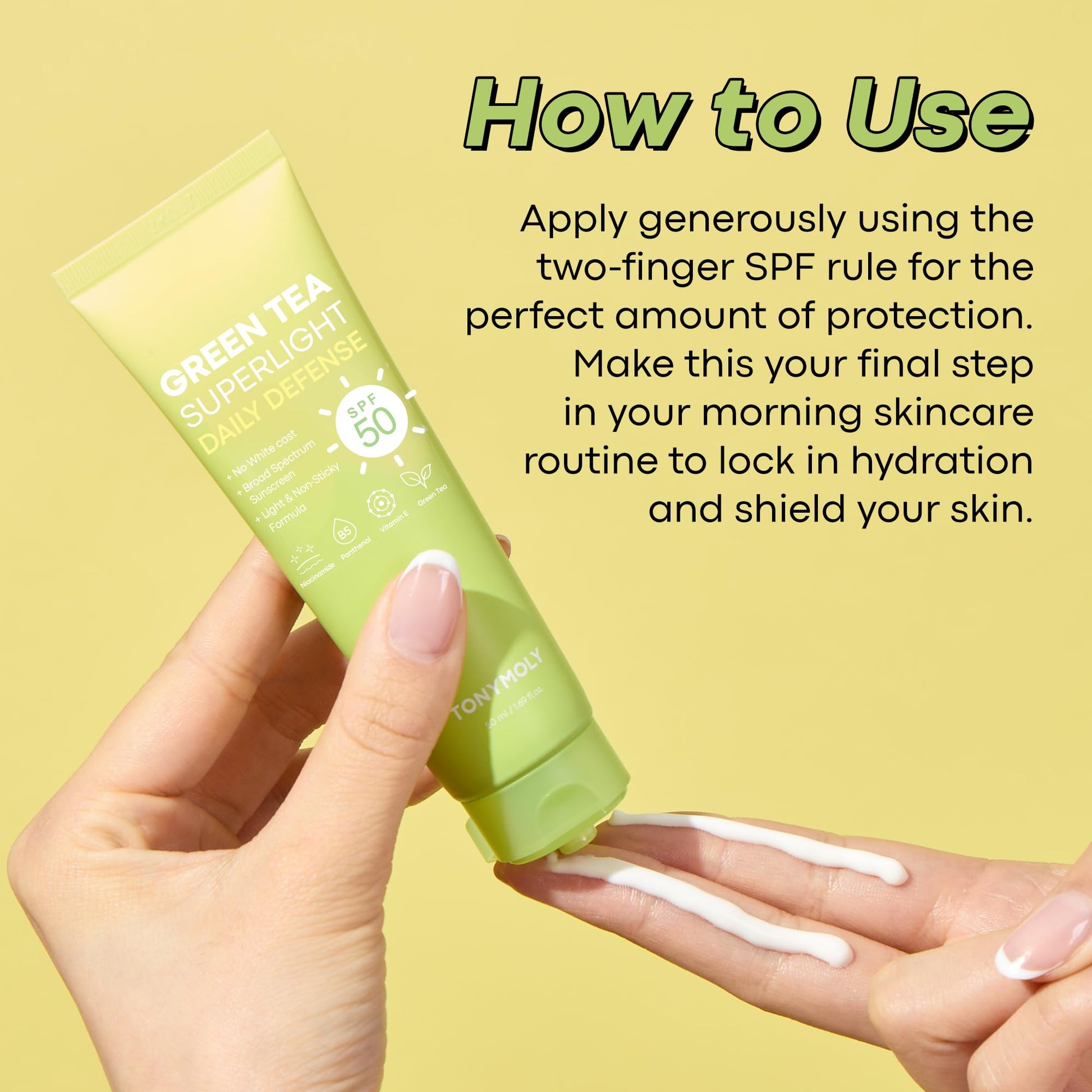 Travel size Tonymoly Green Tea Sunscreen 50 milliliters held in hand