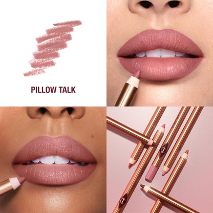 Charlotte Tilbury Lip Cheat Lip Liner Pencil in Pillow Talk with the cap off displaying the precise tip.