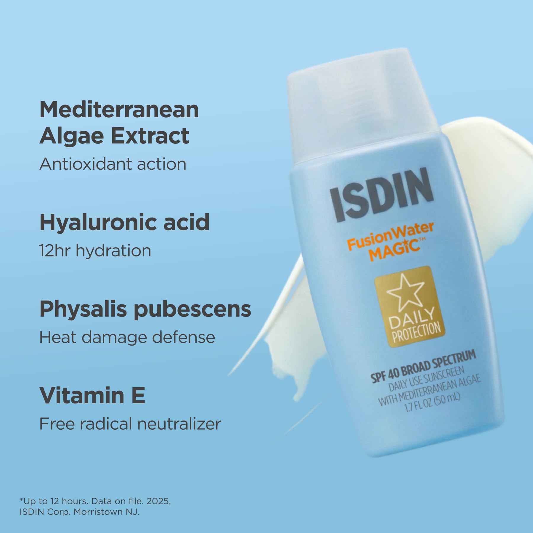 ISDIN Fusion Water MAGIC bottle with ingredient highlight