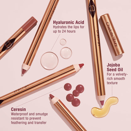 Close up view of Charlotte Tilbury Lip Cheat Lip Liner Pencil highlighting its smooth texture.