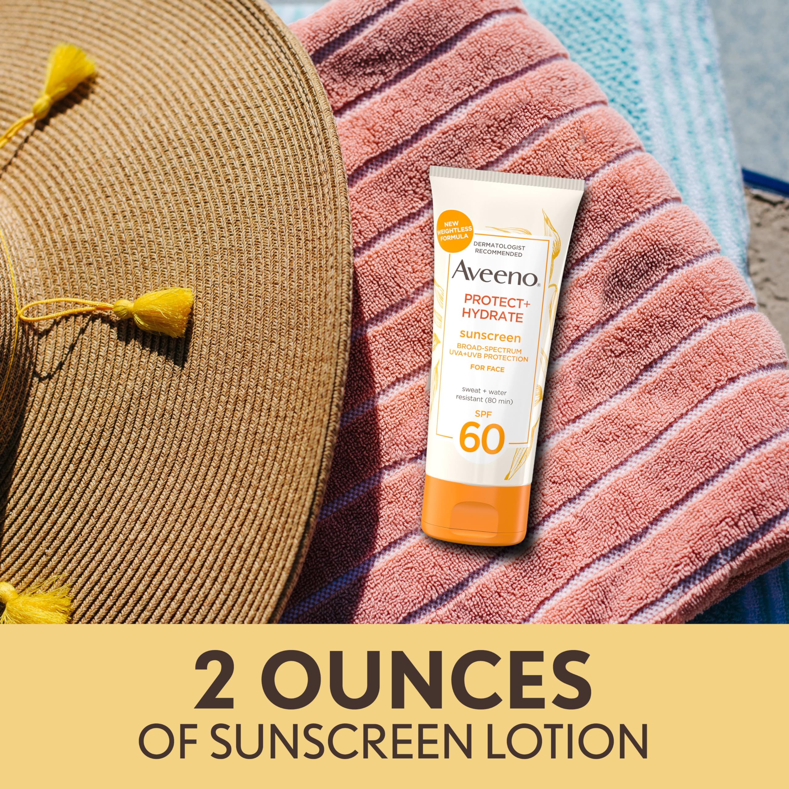 Back packaging label of Aveeno broad spectrum SPF 60 face sunscreen with ingredients