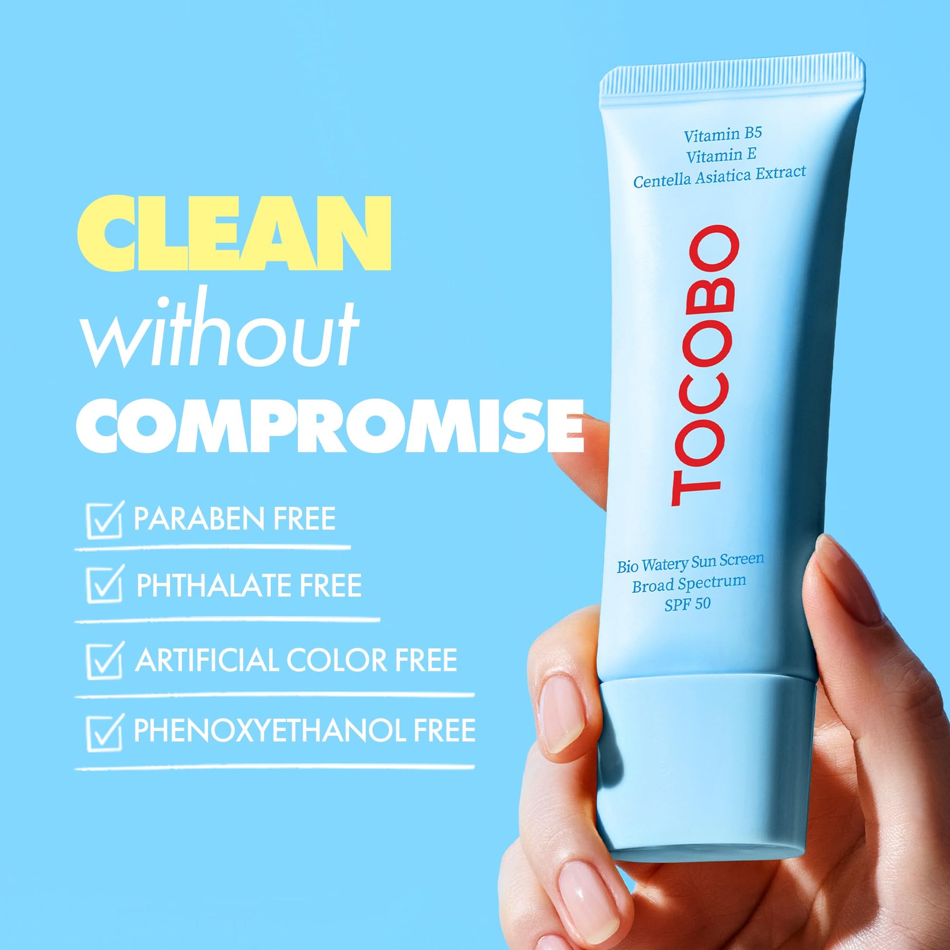 Tocobo Bio Watery Sunscreen packaging with Korean beauty aesthetics