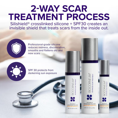 Biocorneum scar treatment with SPF 30 label