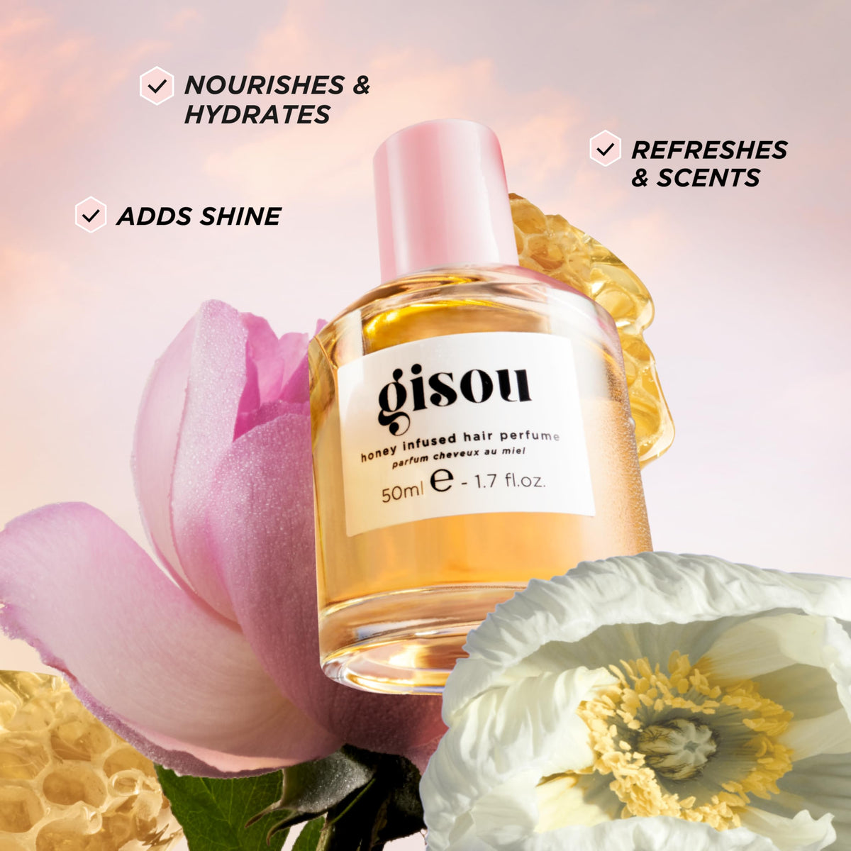 Gisou Honey Infused hair fragrance bottle close up