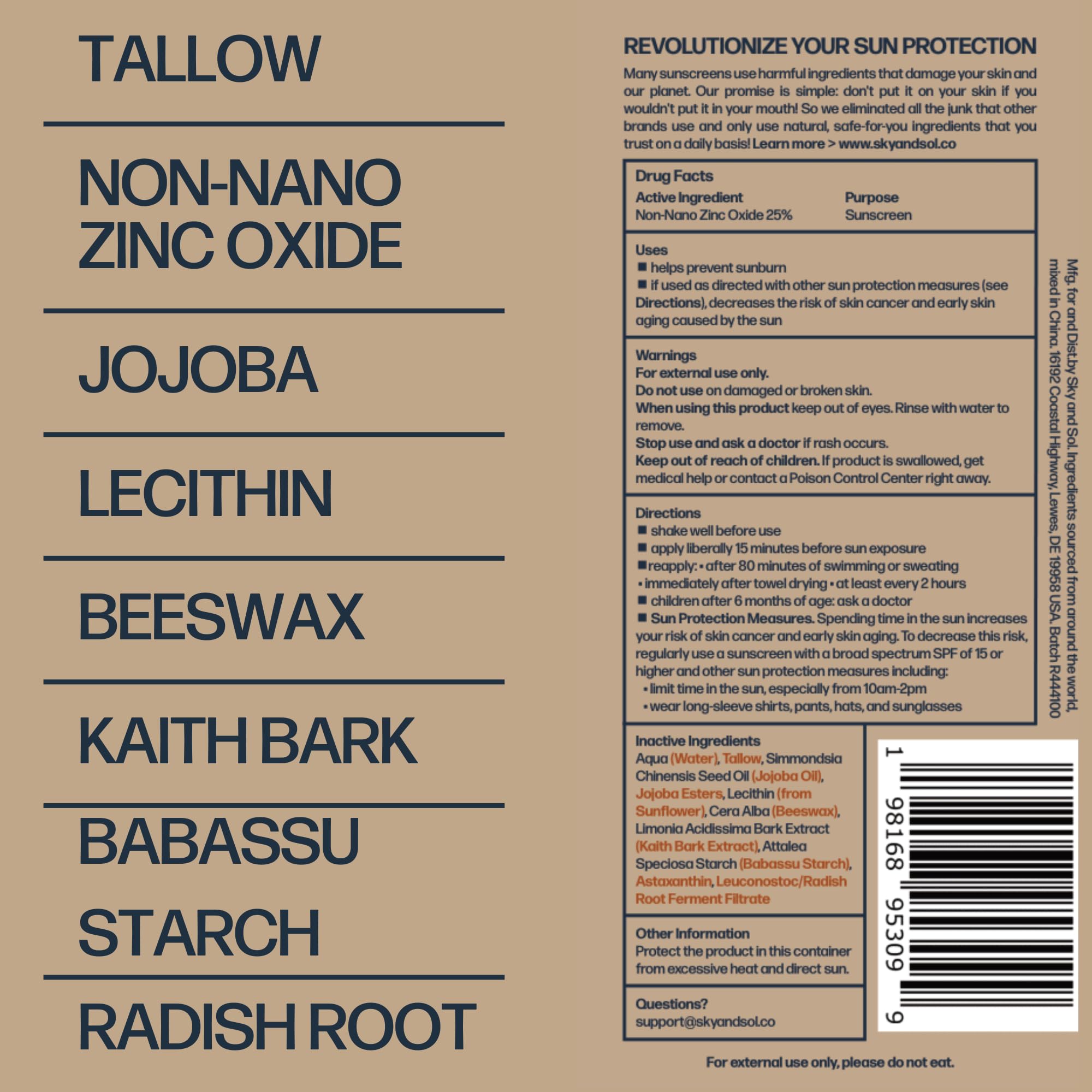 Sky and Sol natural mineral sunscreen ingredient label detail