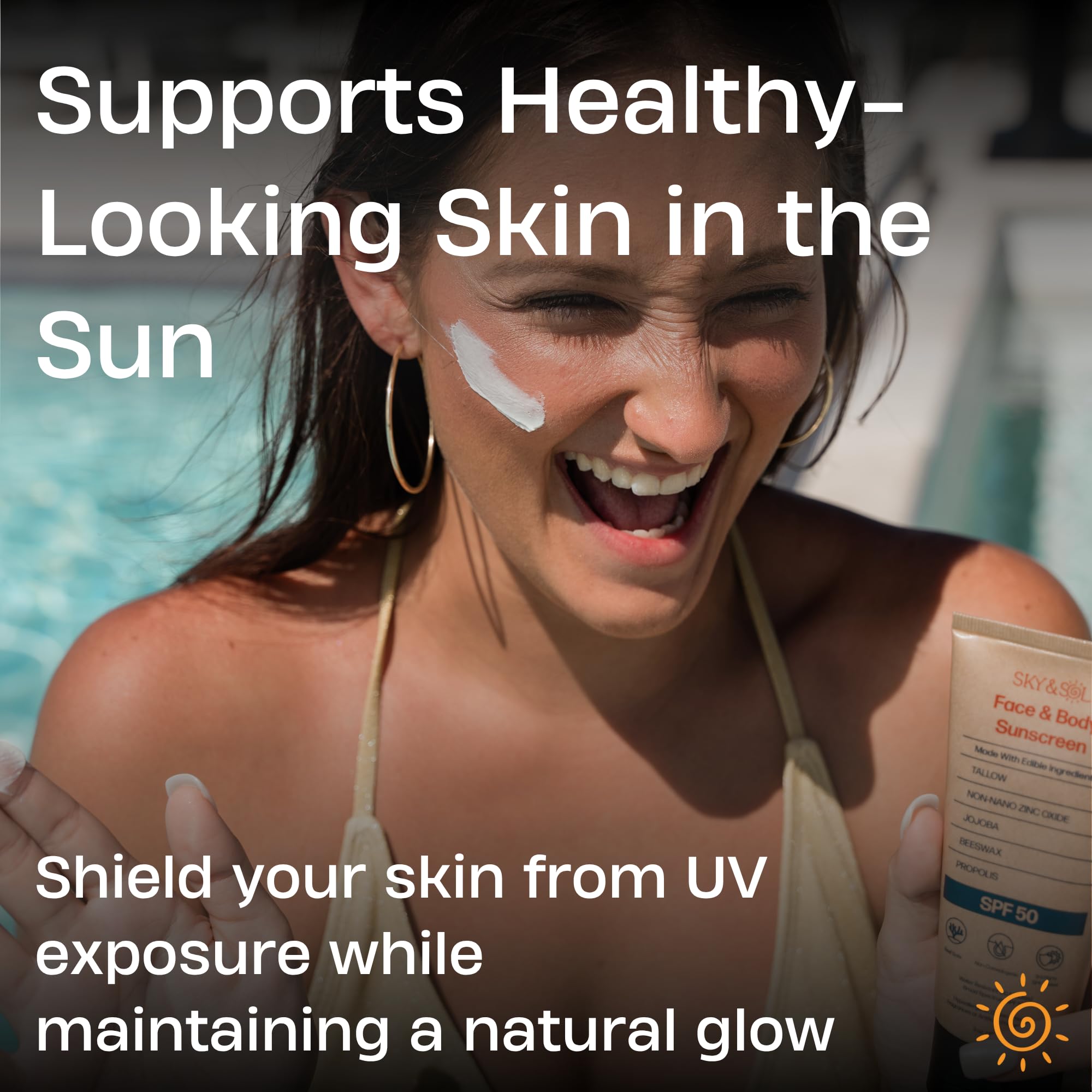 Sky and Sol SPF 50 sunscreen tube held in hand