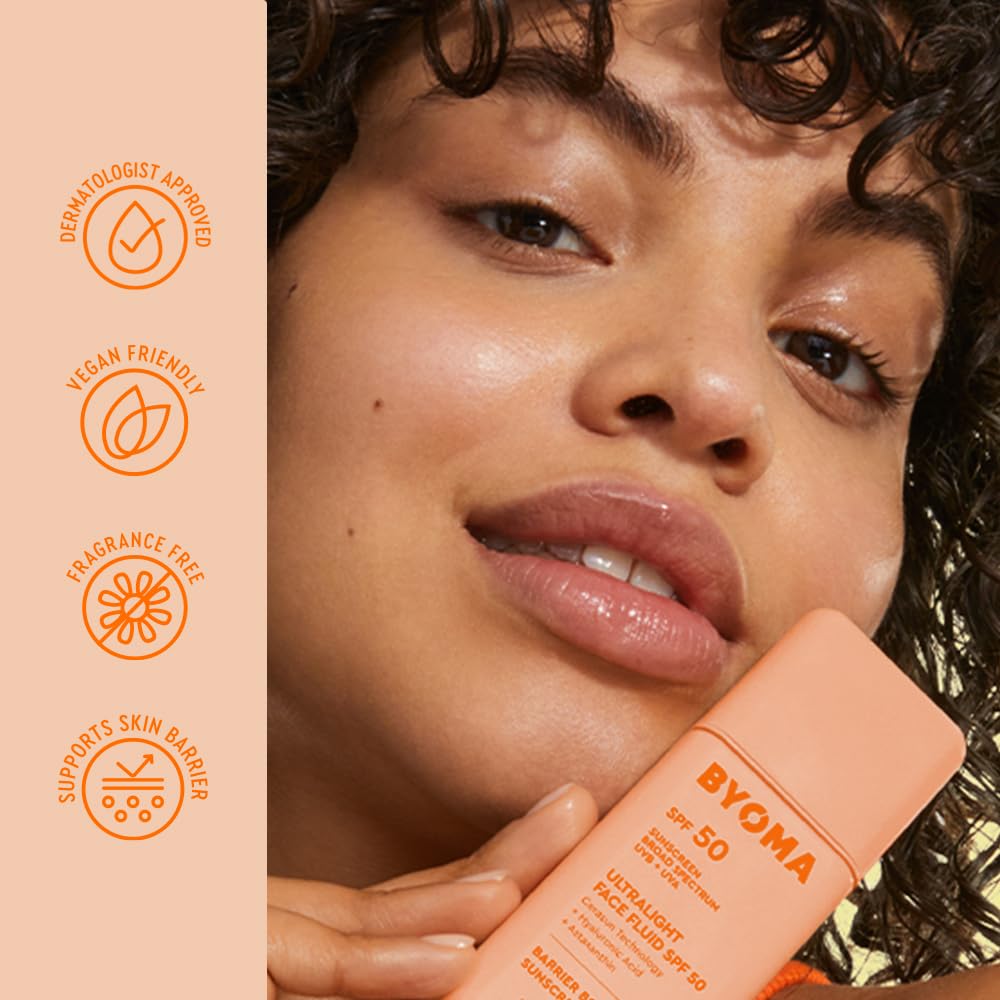 Close up of Byoma SPF 50 bottle showing size and branding