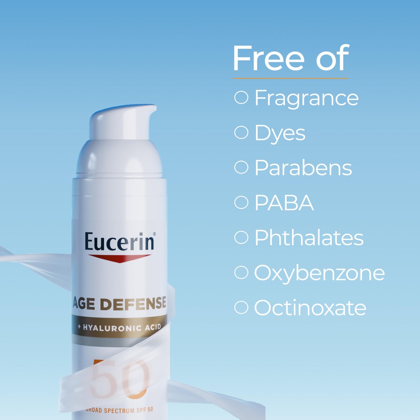 Close up of Eucerin Sun Age Defense label and SPF 50 rating