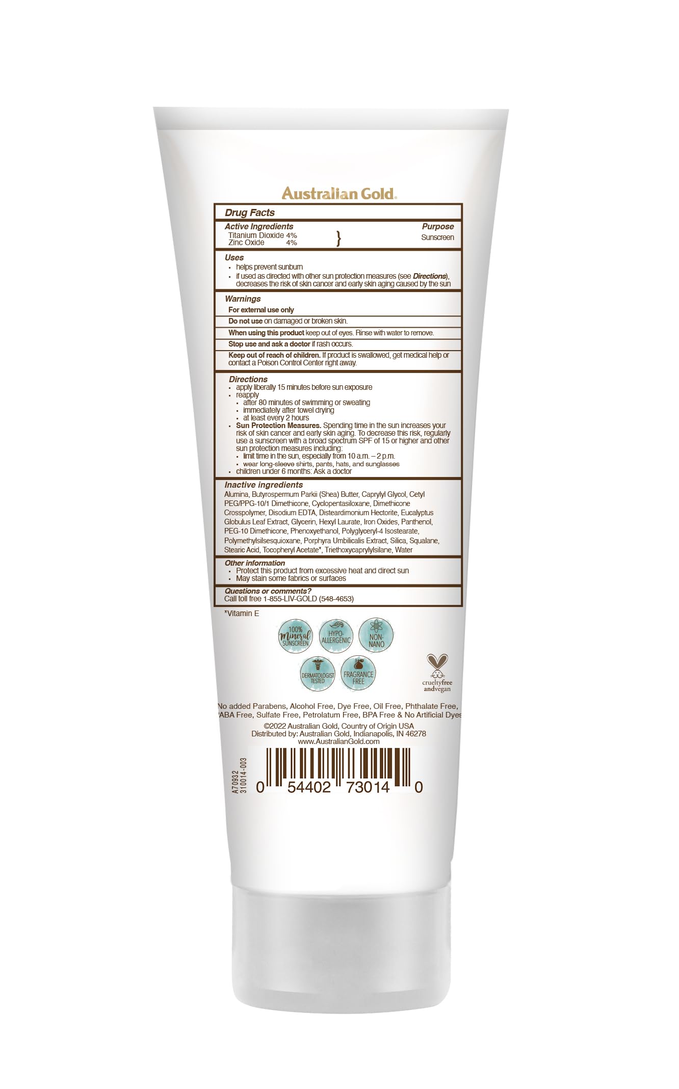 Australian Gold SPF 50 Mineral Sunscreen tube packaging
