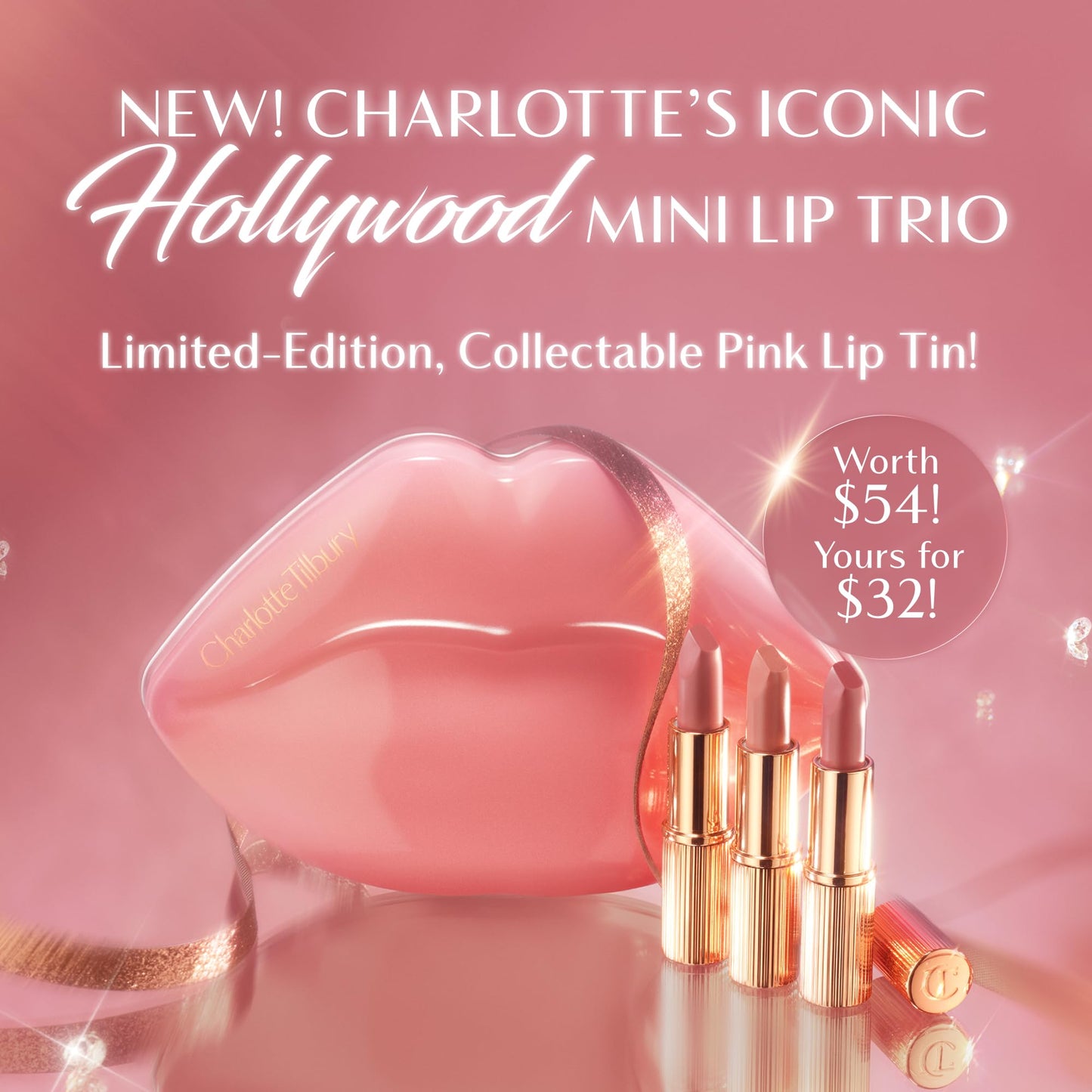 Charlotte Tilbury K.I.S.S.I.N.G Lipstick travel set displaying the warm rose-pink Rose to Fame shade.