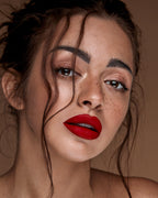 Swatch of Maki Yika MVP Red matte liquid lipstick highlighting high pigmentation.