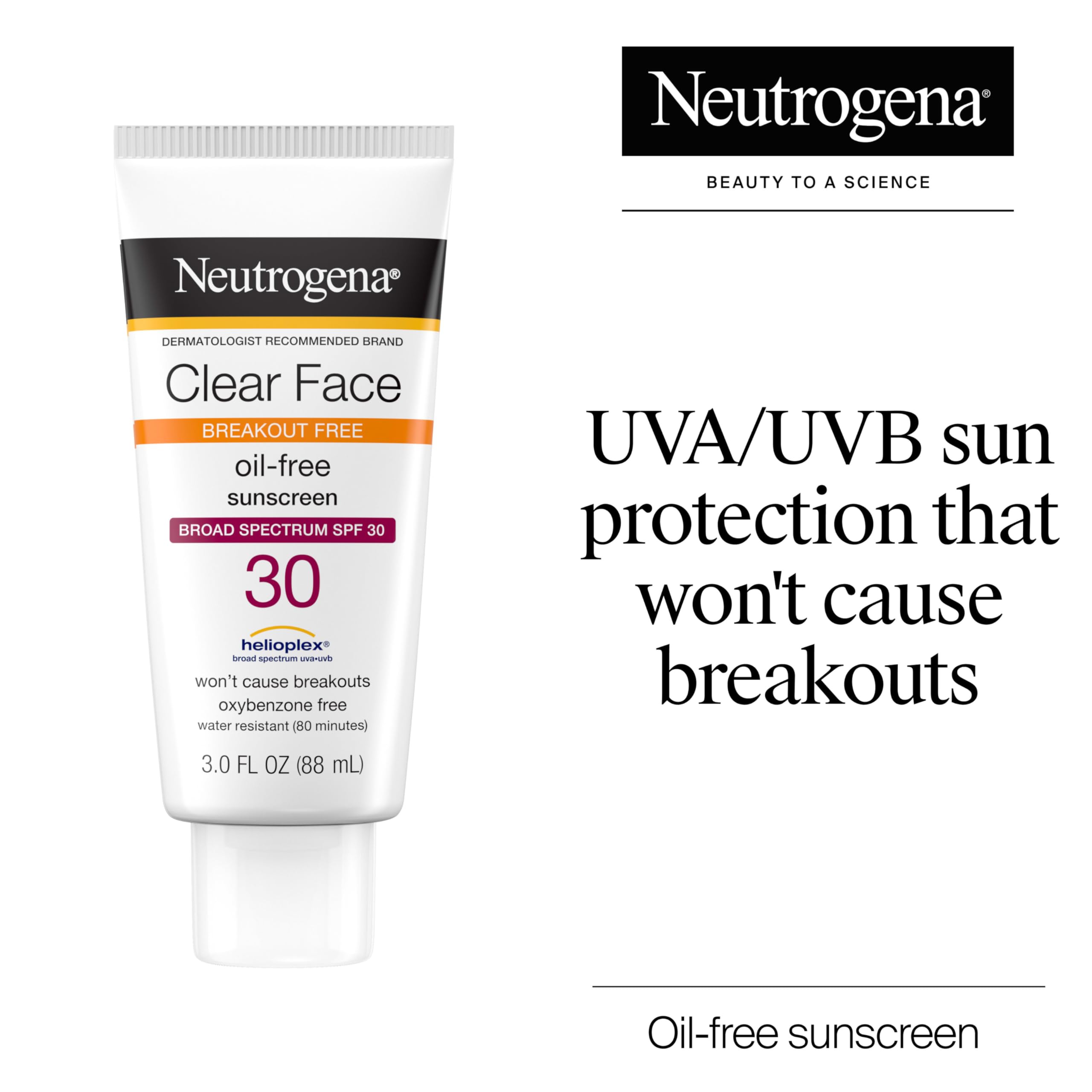 Neutrogena Clear Face Breakout Free Sunscreen packaging showing oil free and matte finish callouts