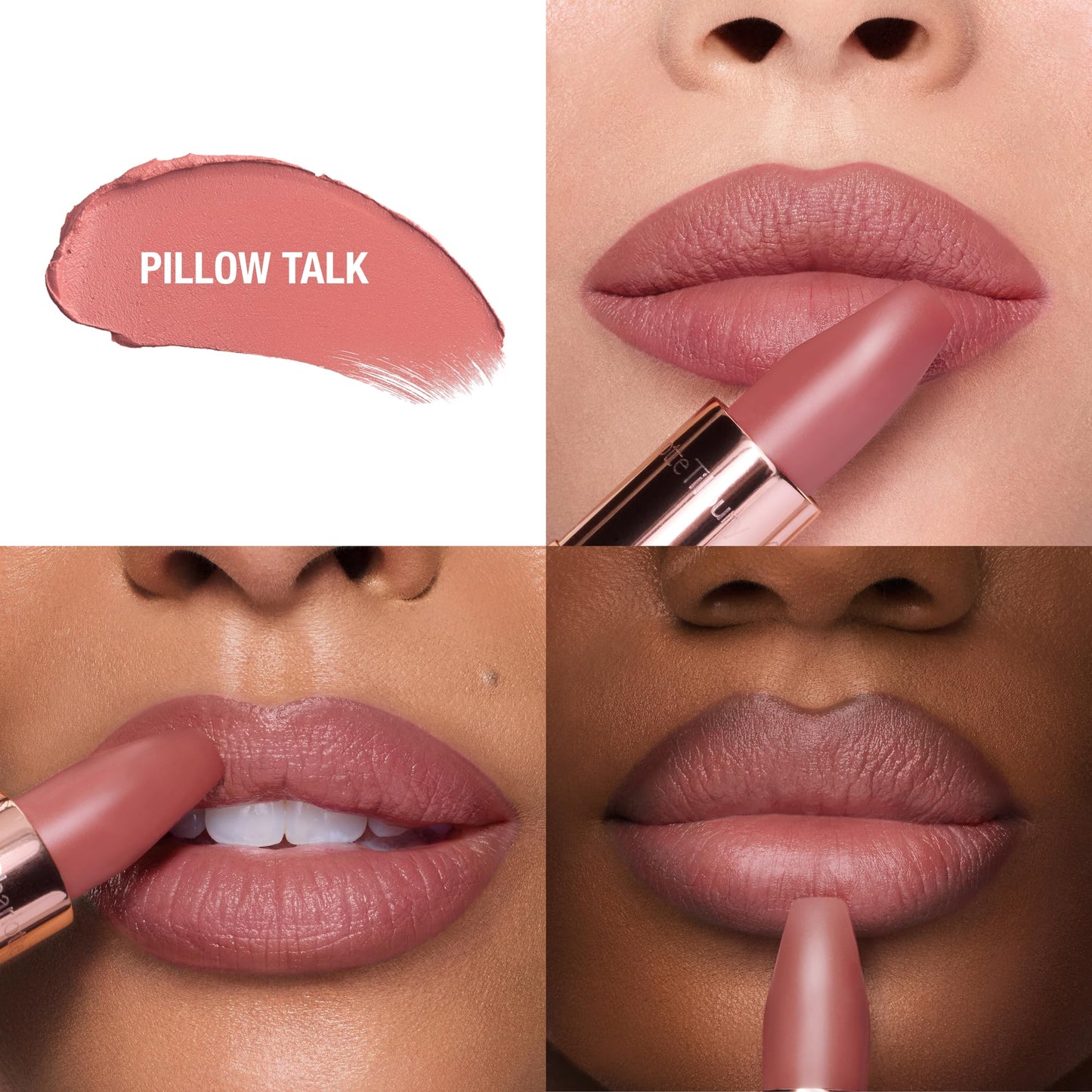 Charlotte Tilbury Pillow Talk lipstick bullet opened showing the unique square angled tip