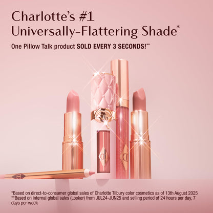 Luxury imported matte lipstick swatch of iconic nude pink Pillow Talk shade