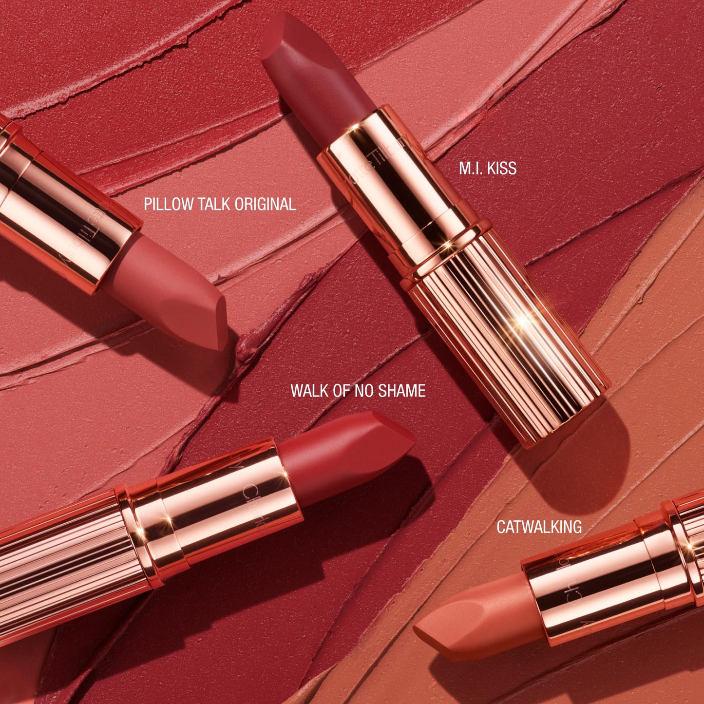 Charlotte Tilbury Pillow Talk lipstick tube standing upright on a clean background