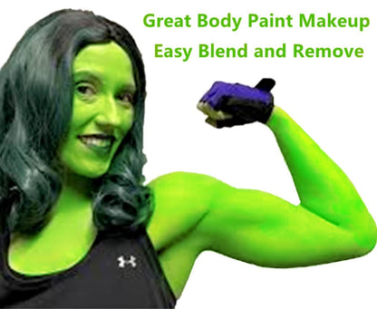Washable neon green face paint being cleanly rinsed away from skin using water.