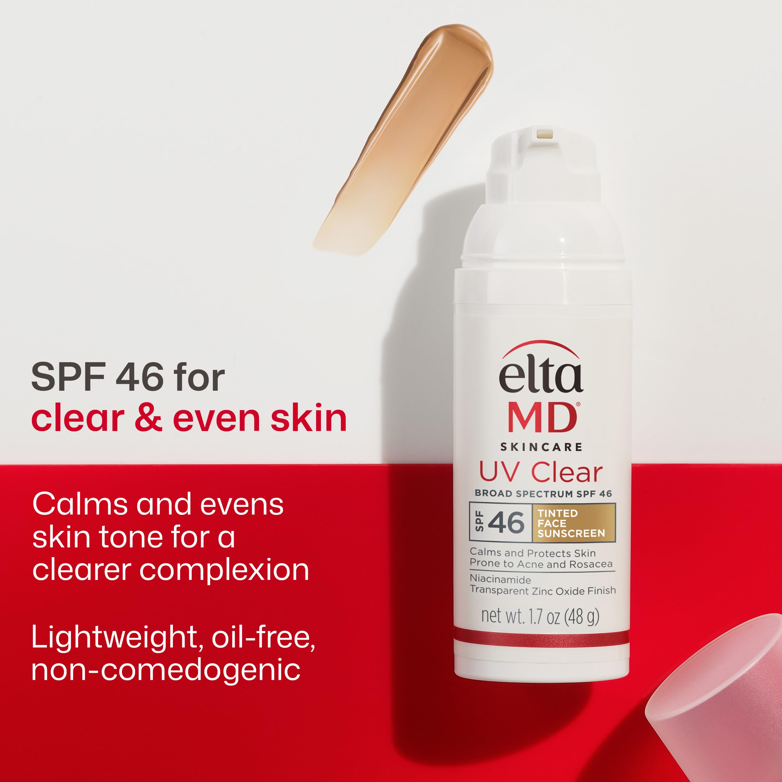 EltaMD UV Clear Tinted sunscreen bottle showing oil-free mineral protection details