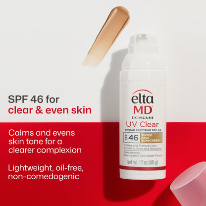 EltaMD UV Clear Tinted sunscreen bottle showing oil-free mineral protection details