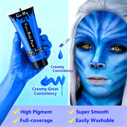 Go Ho washable blue cosmetic cream applied with a makeup sponge