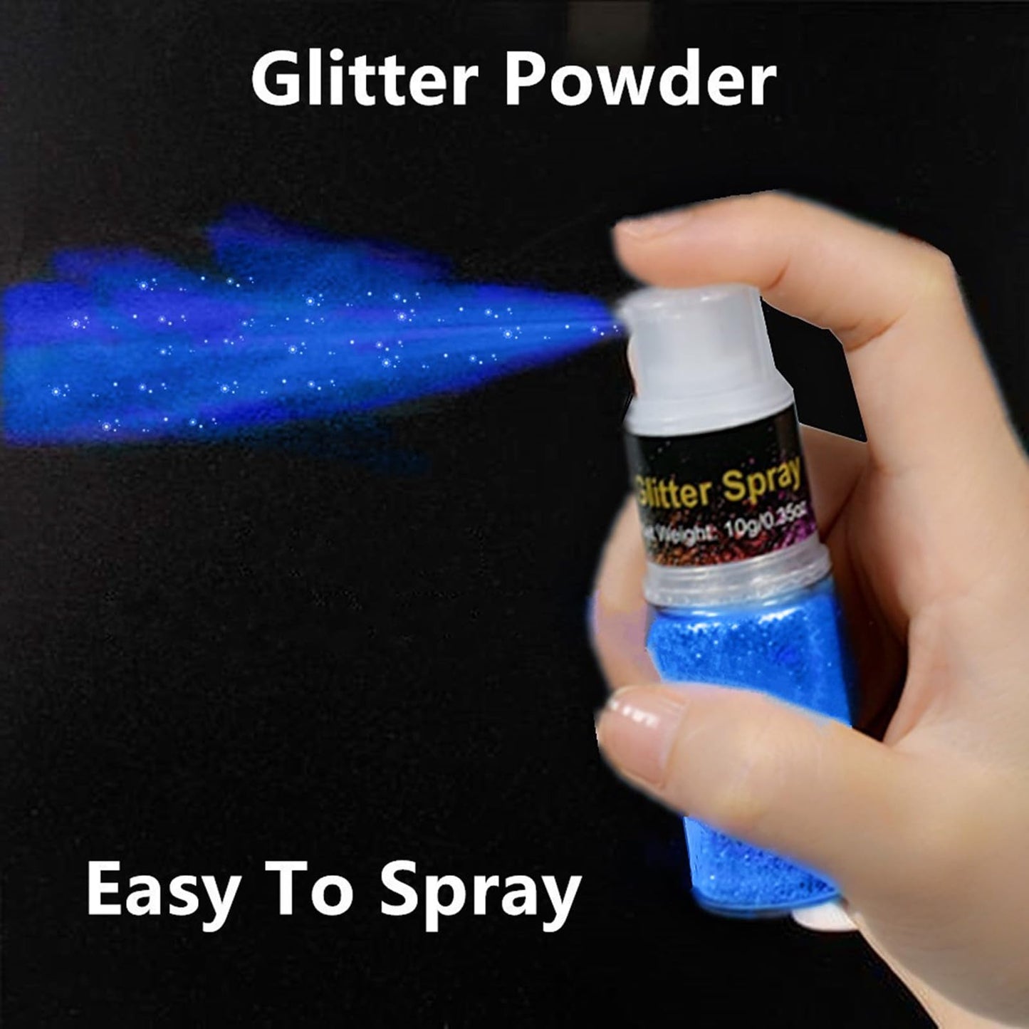 Go Ho blue glitter powder spray applied on model hair showing vibrant sparkle