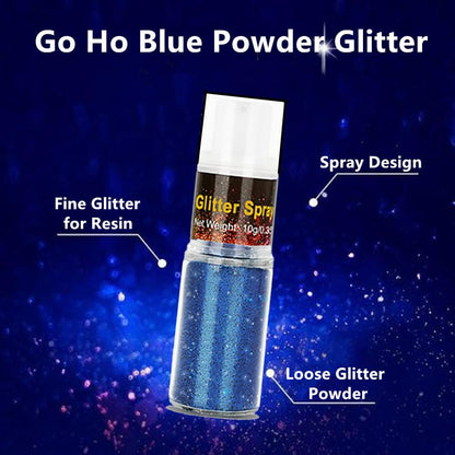 Non toxic blue glitter spray bottle detailing ten grams product size and nozzle close up