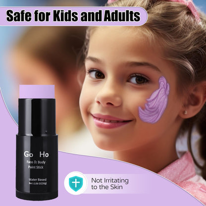 Non toxic lavender face paint stick being applied to illustrate the smooth non cracking formulation.