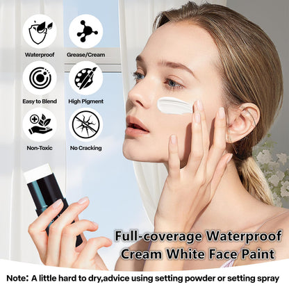 Full coverage white face paint applied on skin demonstrating its blendable texture.