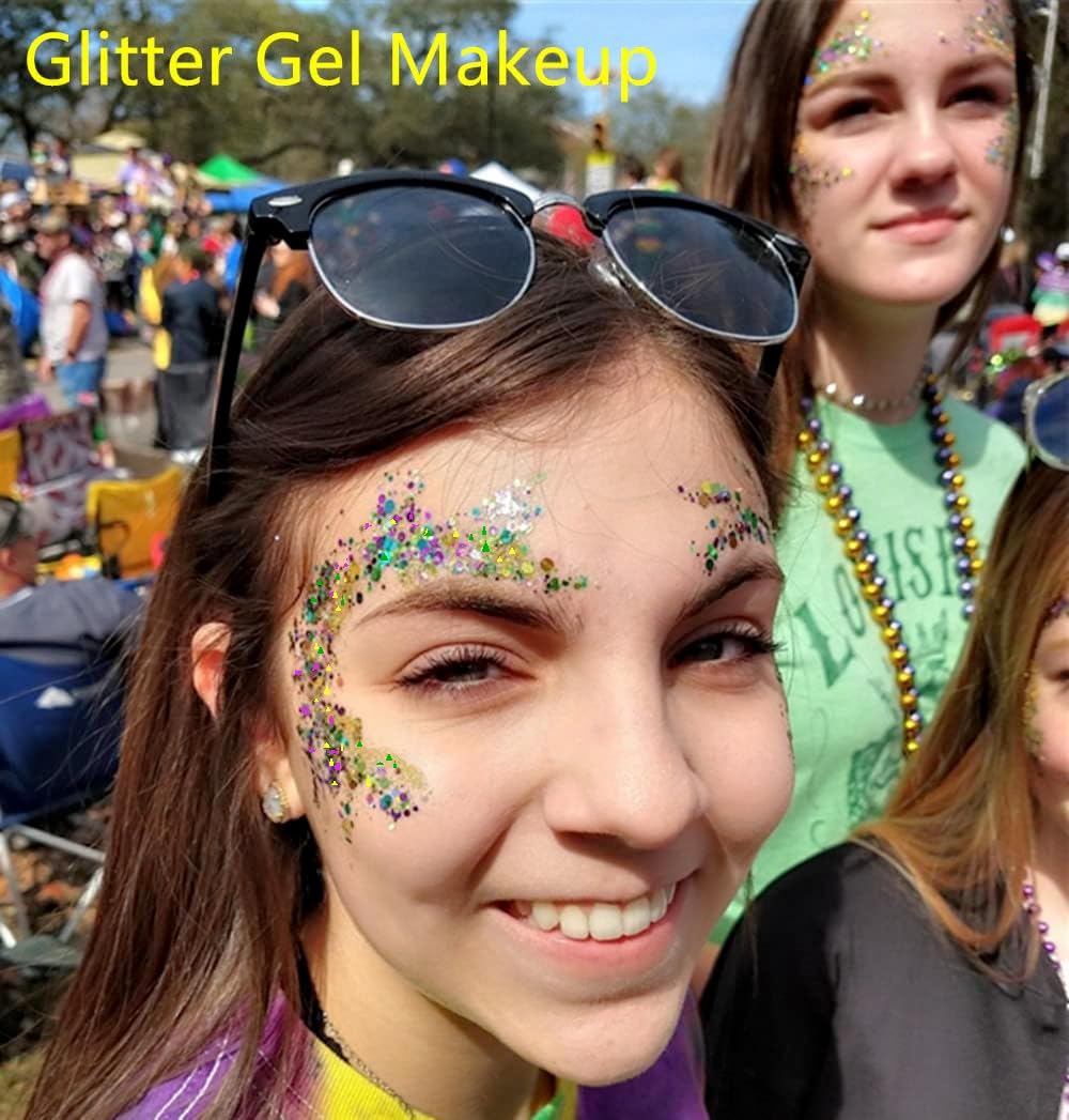 Go Ho holographic chunky festival cosmetic glitter gel applied beautifully on a woman's cheekbones